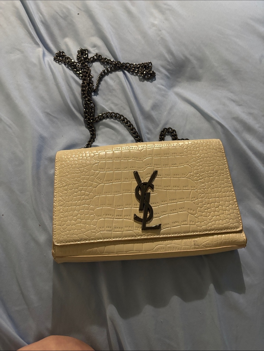 Saint Laurent Cream Croc-Embossed Chain Crossbody Bag